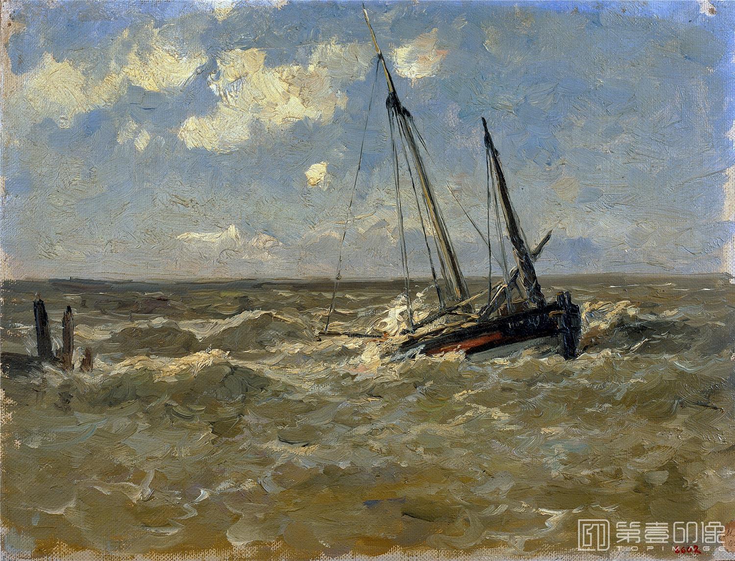 油画-西班牙普拉多美术馆油画藏画-Haes, Carlos de-Falucho perdido (Normandía)-29cm x 37,5cm-1261